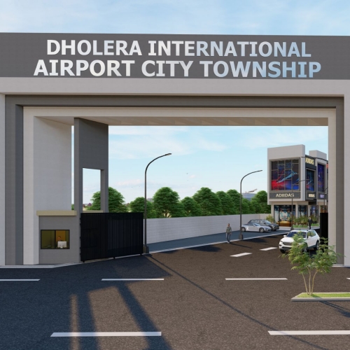 Main entrance of Dholera International Airport City Township offering residential plots near Dholera Airport.